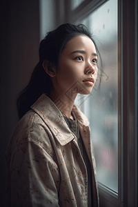 一个年轻中国女孩站在窗边图片