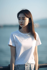 一位美丽年轻中国女孩站在海边图片