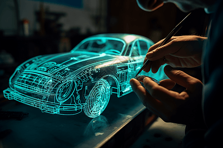 汽车细节机械师工程师在使用计算机生成汽车模型AR虚拟现实设计图片