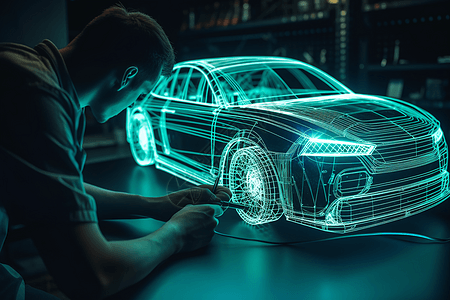 机械师工程师在使用计算机生成汽车模型AR虚拟现实图片