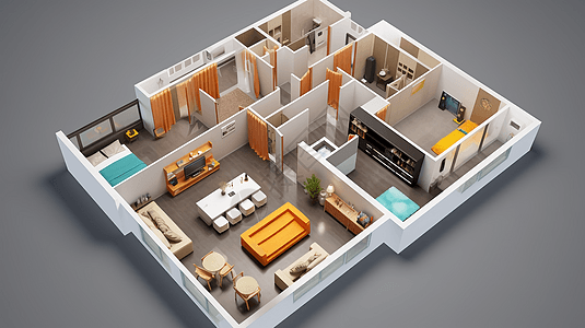 厨房摆件3D四室户室内设计效果图插画