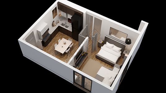3D一室户卧室公寓布局效果展示图数字艺术图片