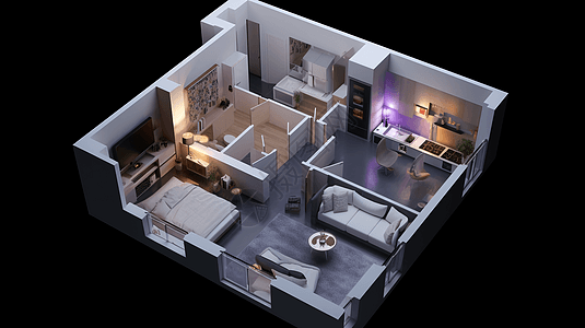一室户公寓室内装修3D效果图数字艺术图片