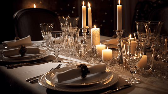 正式节日大餐的节日餐桌上闪发光的水晶杯图片
