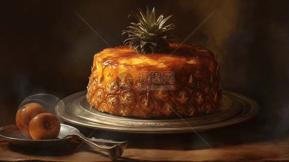 菠萝倒挂蛋糕的静物画图片
