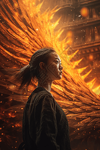 女孩站在燃烧着巨大的金凤凰前背景图片