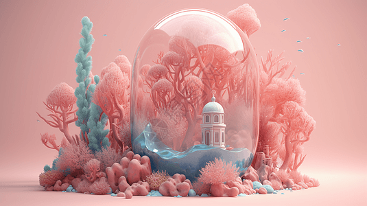 粉色和蓝色的海底植物和珊瑚教堂3D图图片