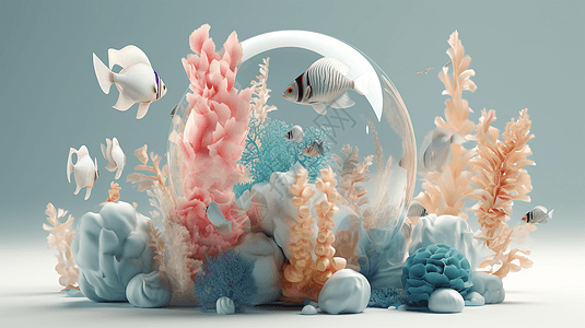 珊瑚海底植物和热带鱼3D图图片