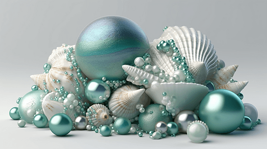 梦幻唯美蓝色和绿色的海贝壳和散落的珍珠3D图图片