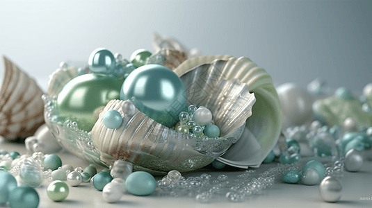 蓝绿色海贝壳和散落的珍珠3D图图片