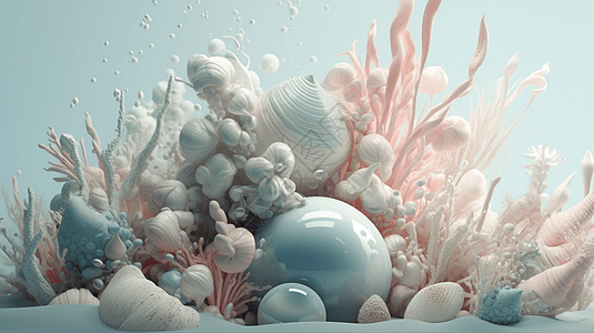 粉蓝色珊瑚和海螺3D图背景图片