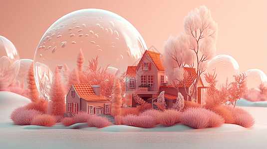 粉红色气泡海洋植物和迷你房屋水晶球3D图图片