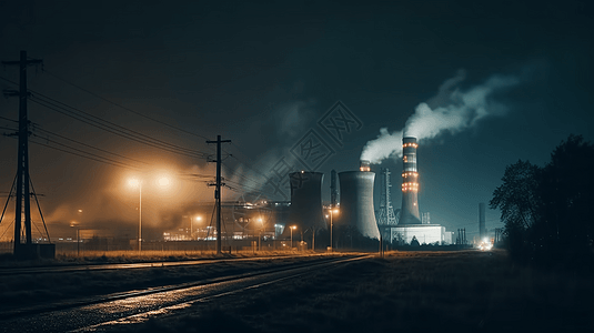 夜晚工作的燃煤发电厂图片