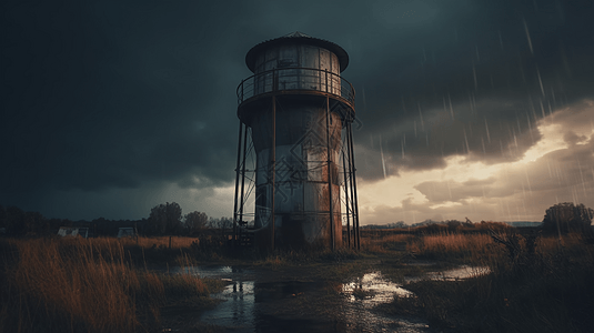 雨中生锈的旧水塔图片