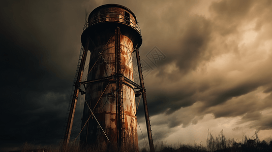 一座生锈的旧水塔背景图片