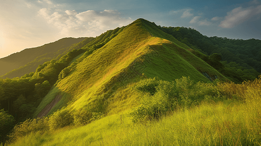 阳光下的山坡绿茵背景图片