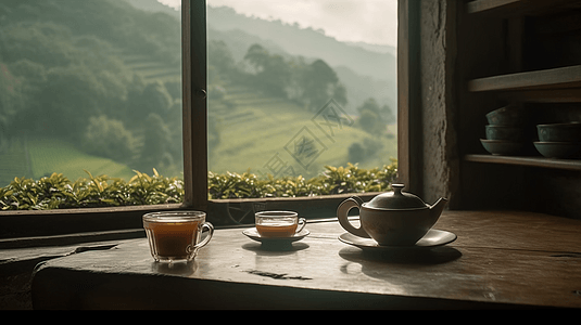 风景如画荷兰窗边的品茶时刻背景