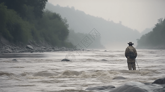 在洪流中孤独的渔夫图片