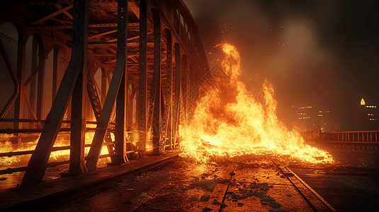 桥梁边的火焰和碎片图片