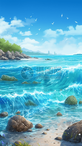 沙滩海水卡通插画图片