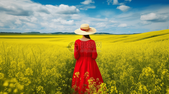 红裙女孩站在油菜花田里的背影图片