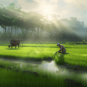 节气插画一个农民收割水稻背景