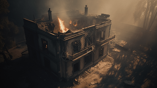黑烟下燃烧的房屋图片