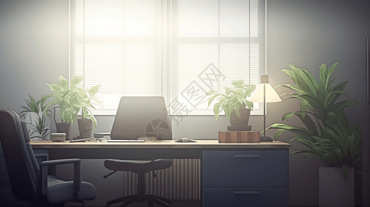 办公室书桌充满植物3D场景图片