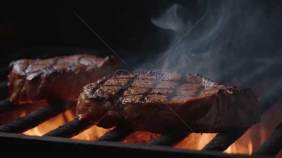 在炙热的热烤架上烧烤牛排图片