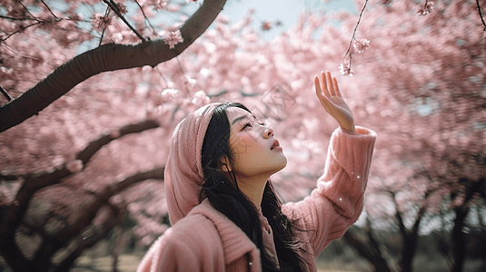 站在樱花树下的美丽少女背景