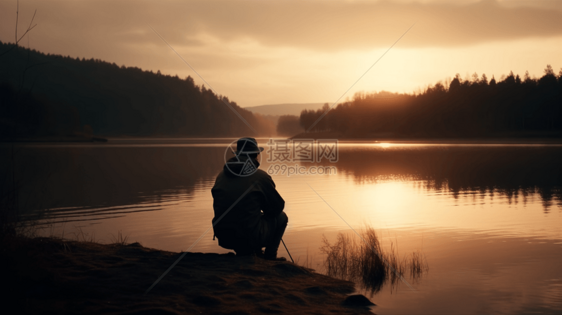 夕阳下正在钓鱼的人图片