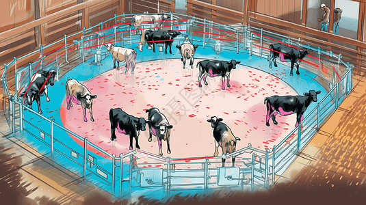 手绘圈养的牛群图片