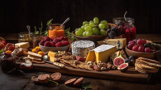 桌上丰盛的奶酪和水果图片