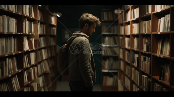 一个学生站在书架前挑选书籍图片