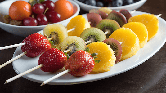 新鲜水果串排列在白色拼盘上撒上糖粉和蘸酱图片