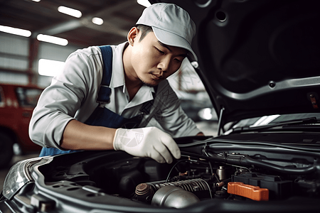 维修电线修理和检查汽车的汽修工人背景