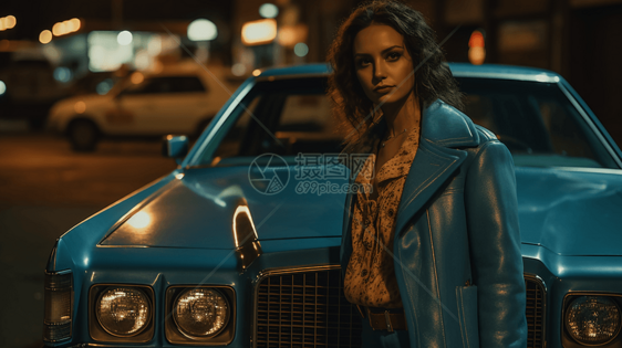 女孩穿着一件雾霾蓝色夹克站在汽车边图片