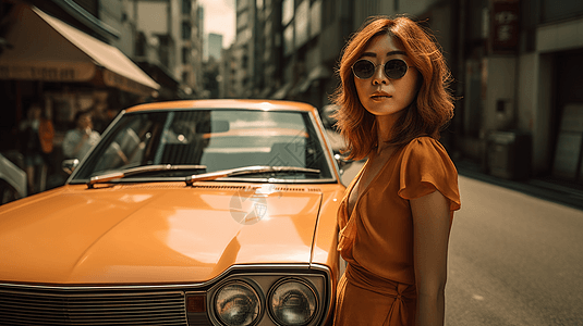 一位20世纪70年代的妇女站在停在汽车边图片