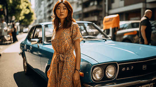 一位20世纪70年代的妇女站在停在汽车边图片