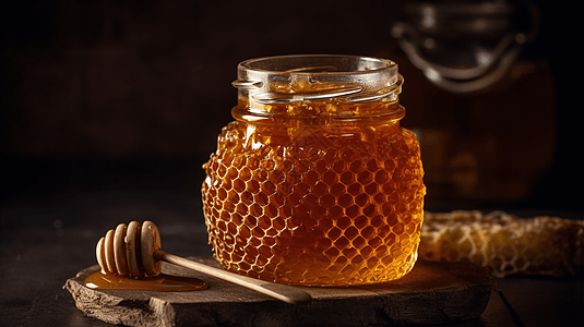 罐带有蜂窝状的蜂蜜图片