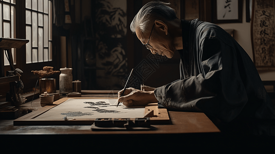 手拿毛笔写字图片