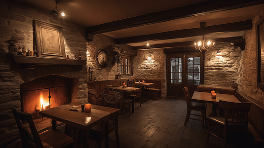 乡村迷人的乡村餐厅，配有舒适的壁炉和温暖诱人的氛围。图片