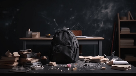 干桌子上散落着一个背包，教科书和文具图片
