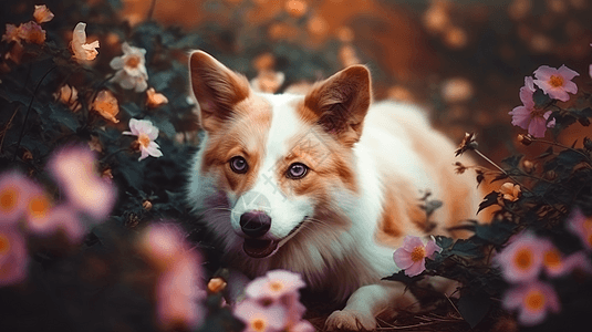 花丛中的宠物狗图片