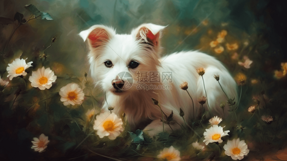 小狗在油画花丛中图片