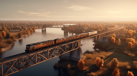 货物列车通过桥梁的鸟瞰图图片