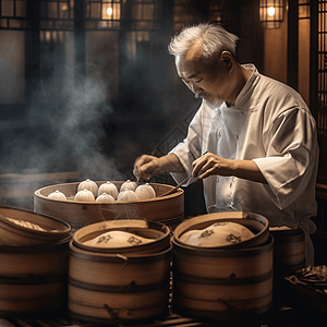 厨师用竹蒸笼蒸精致多汁的上海小笼包高清图片