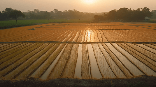 夕阳下广阔的水稻田图片