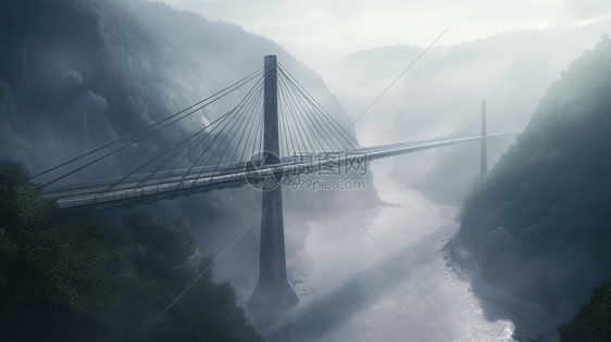 山间云雾缭绕中的悬索桥图片