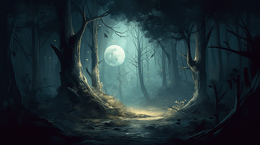 森林月光插画图片